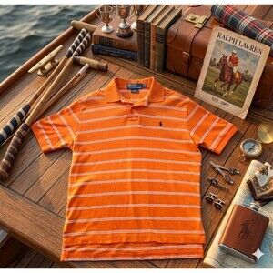 Polo Ralph Lauren Men’s L Orange White Stripe Polo Shirt Black Pony Logo Preppy